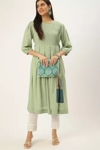 women's calf length round neck green solid a-line kurta