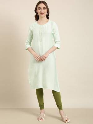 women's calf length round neck sea green solid straight kurta 2
