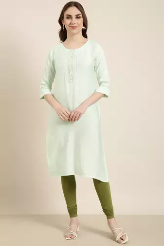 women's calf length round neck sea green solid straight kurta