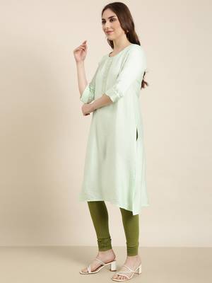 women's calf length round neck sea green solid straight kurta 3