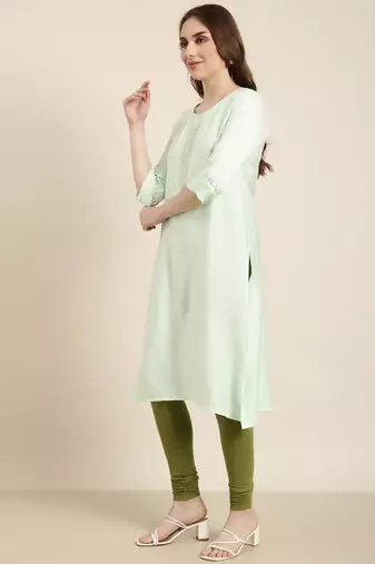 women's calf length round neck sea green solid straight kurta