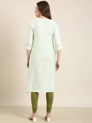 women's calf length round neck sea green solid straight kurta 4
