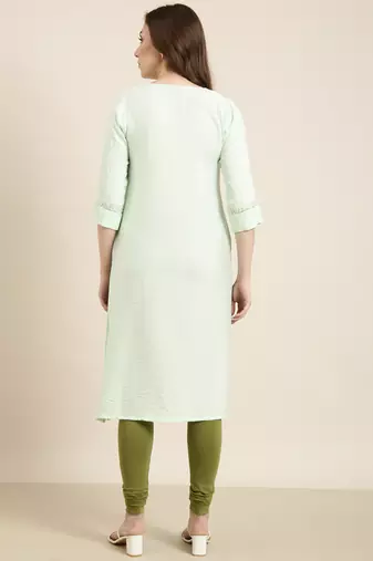 women's calf length round neck sea green solid straight kurta