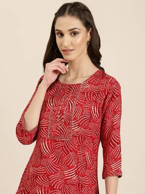 women's calf length round neck red bandhani straight kurta 1