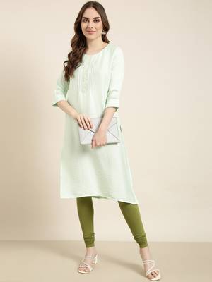 women's calf length round neck sea green solid straight kurta 5