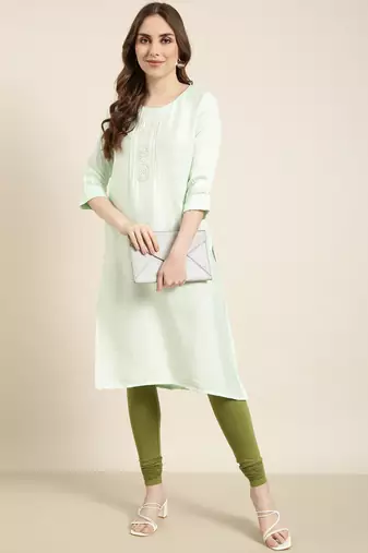 women's calf length round neck sea green solid straight kurta
