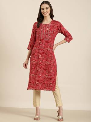 women's calf length round neck red bandhani straight kurta 2