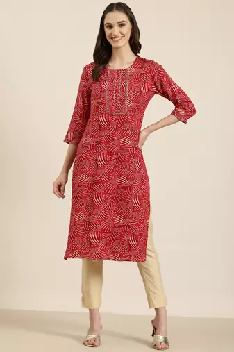 women's calf length round neck red bandhani straight kurta