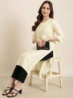 women's calf length round neck yellow solid straight kurta 1