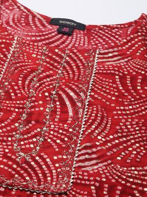women's calf length round neck red bandhani straight kurta 3