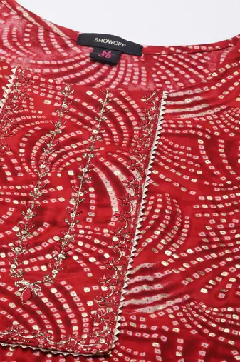 women's calf length round neck red bandhani straight kurta