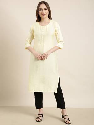 women's calf length round neck yellow solid straight kurta 2