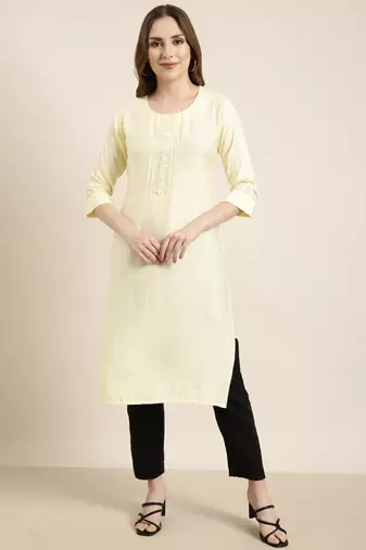 women's calf length round neck yellow solid straight kurta