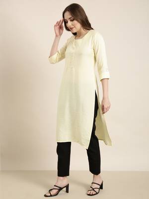 women's calf length round neck yellow solid straight kurta 3
