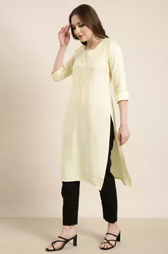 women's calf length round neck yellow solid straight kurta