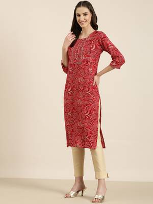 women's calf length round neck red bandhani straight kurta 4