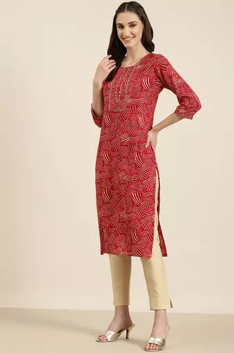 women's calf length round neck red bandhani straight kurta