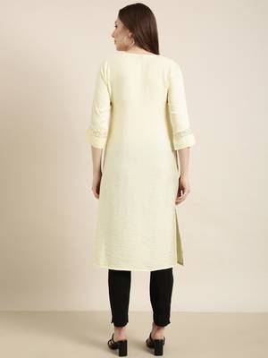 women's calf length round neck yellow solid straight kurta 4