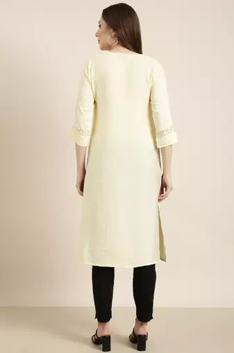 women's calf length round neck yellow solid straight kurta