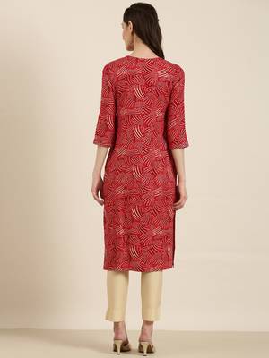 women's calf length round neck red bandhani straight kurta 5