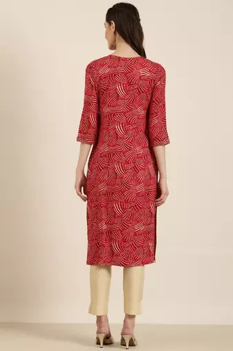 women's calf length round neck red bandhani straight kurta