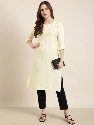 women's calf length round neck yellow solid straight kurta 5