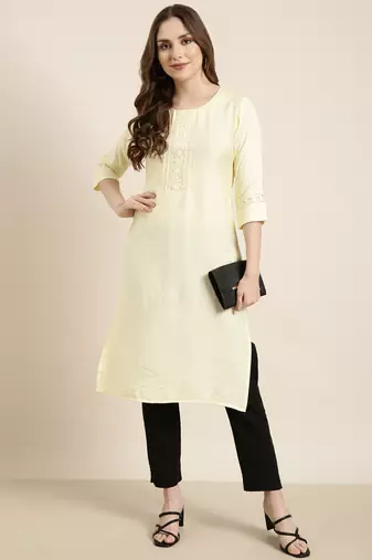 women's calf length round neck yellow solid straight kurta