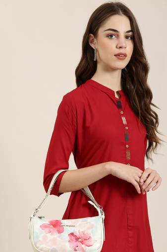 Showoff women's ankle length mandarin collar red solid straight kurta