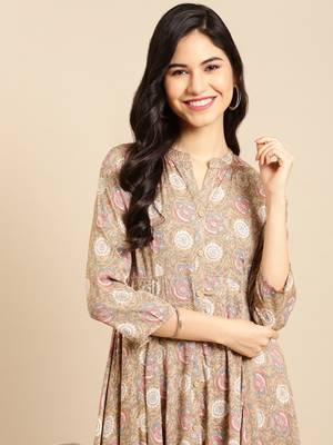women's ankle length mandarin collar beige floral anarkali kurta 1