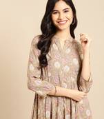 women's ankle length mandarin collar beige floral anarkali kurta
