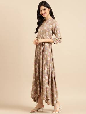 women's ankle length mandarin collar beige floral anarkali kurta 2