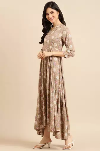 women's ankle length mandarin collar beige floral anarkali kurta