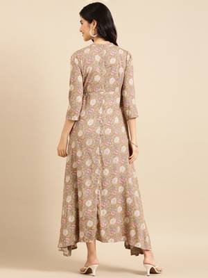 women's ankle length mandarin collar beige floral anarkali kurta 3