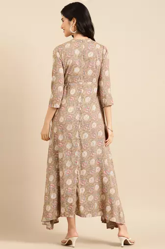 women's ankle length mandarin collar beige floral anarkali kurta