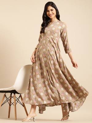 women's ankle length mandarin collar beige floral anarkali kurta 4