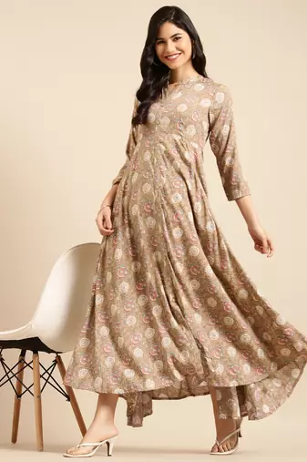 women's ankle length mandarin collar beige floral anarkali kurta