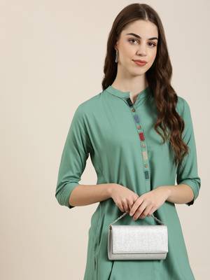 women's ankle length mandarin collar sea green solid straight kurta 1