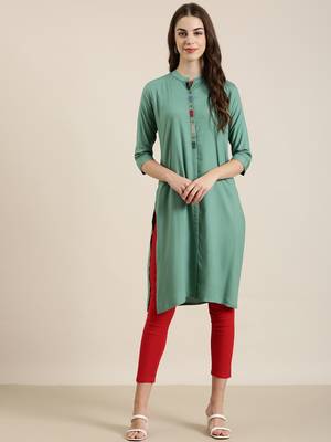 women's ankle length mandarin collar sea green solid straight kurta 2