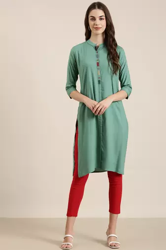women's ankle length mandarin collar sea green solid straight kurta