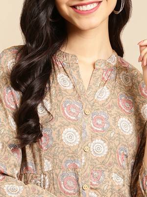 women's ankle length mandarin collar beige floral anarkali kurta 5