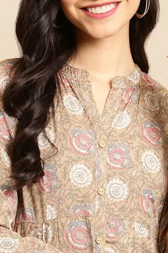 women's ankle length mandarin collar beige floral anarkali kurta