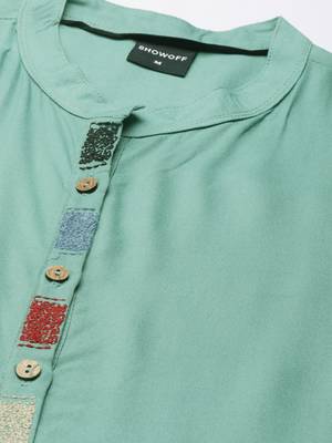 women's ankle length mandarin collar sea green solid straight kurta 3