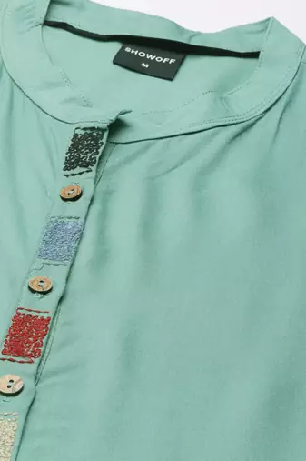 women's ankle length mandarin collar sea green solid straight kurta