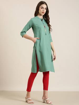 women's ankle length mandarin collar sea green solid straight kurta 4