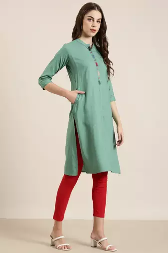 women's ankle length mandarin collar sea green solid straight kurta