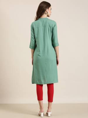 women's ankle length mandarin collar sea green solid straight kurta 5