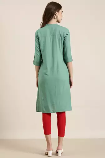 women's ankle length mandarin collar sea green solid straight kurta