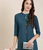 women's ankle length mandarin collar teal solid straight kurta