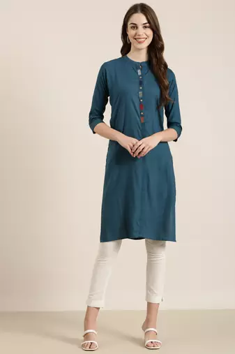 women's ankle length mandarin collar teal solid straight kurta