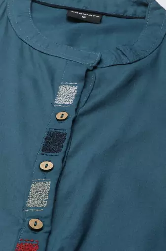 women's ankle length mandarin collar teal solid straight kurta